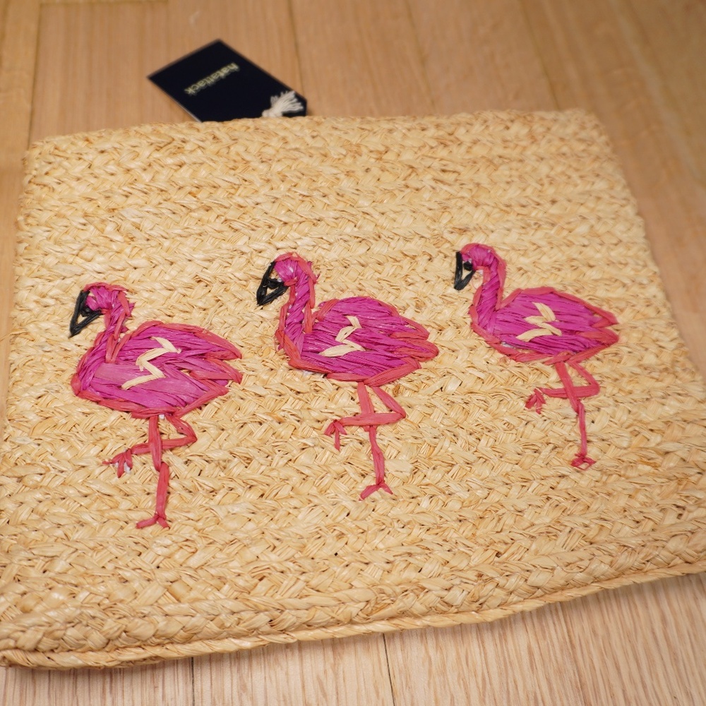 Hat Attack Whimsical Flamingo Clutch Natural Raffia OS Brand New